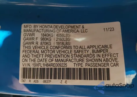 2024 Honda Civic Sport Touring from USA, damaged, VIN 19XFL1H84RE009225